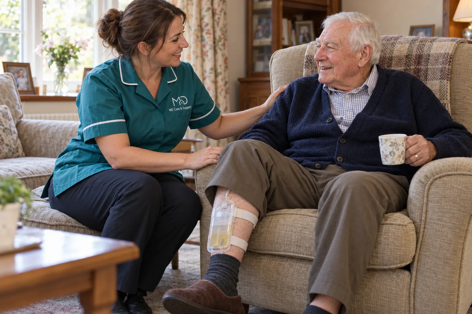 Illustrative care scene: an MD-uniformed carer supports an elderly man with a discreet catheter leg bag in his home