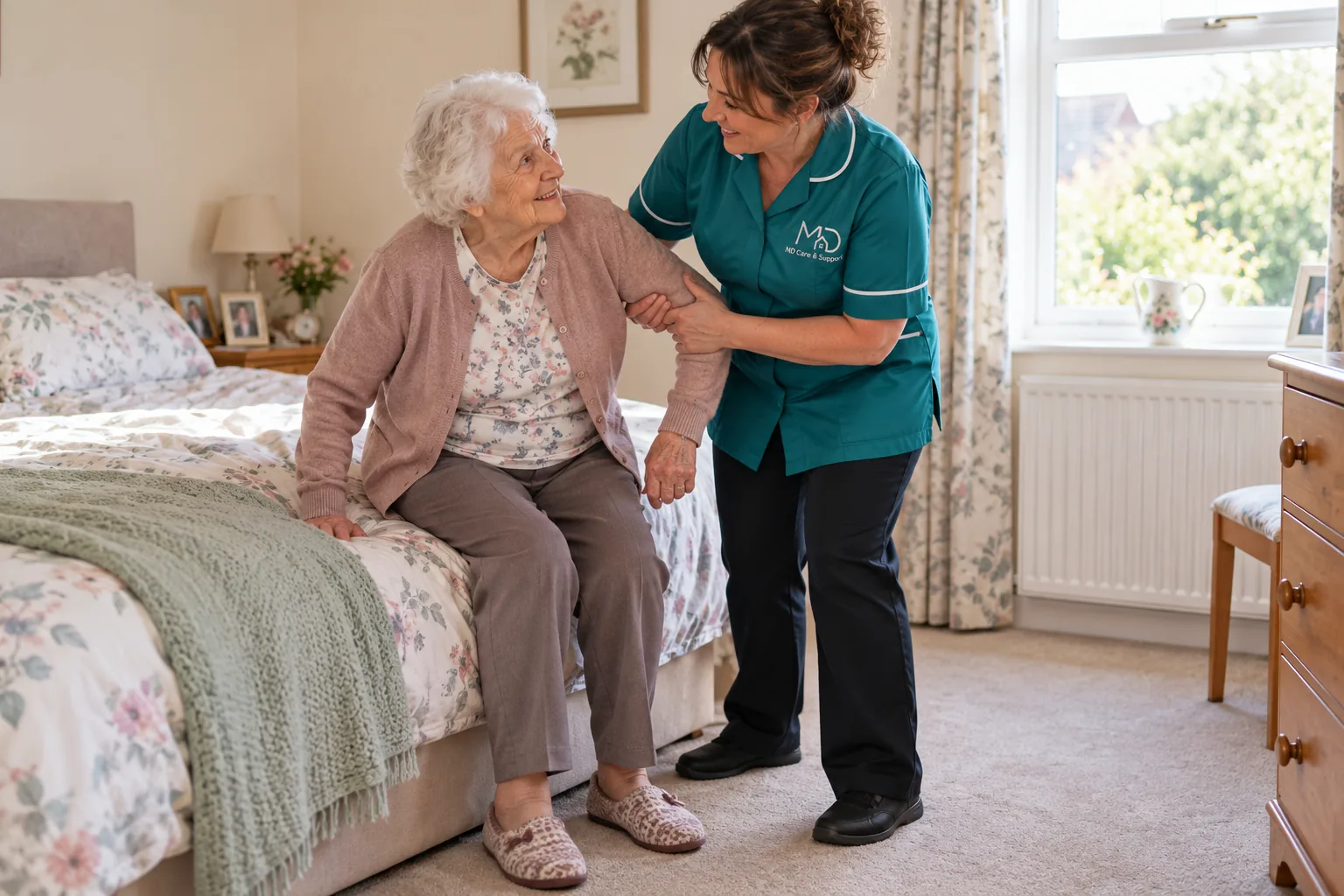 Illustrative care scene: a carer wearing an MD-branded uniform supports an elderly woman getting out of bed at home